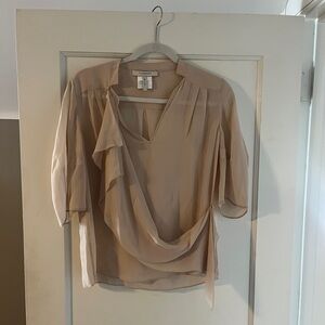 BCBGMaxAzria Beige Ruffle Draped V-Neck Blouse